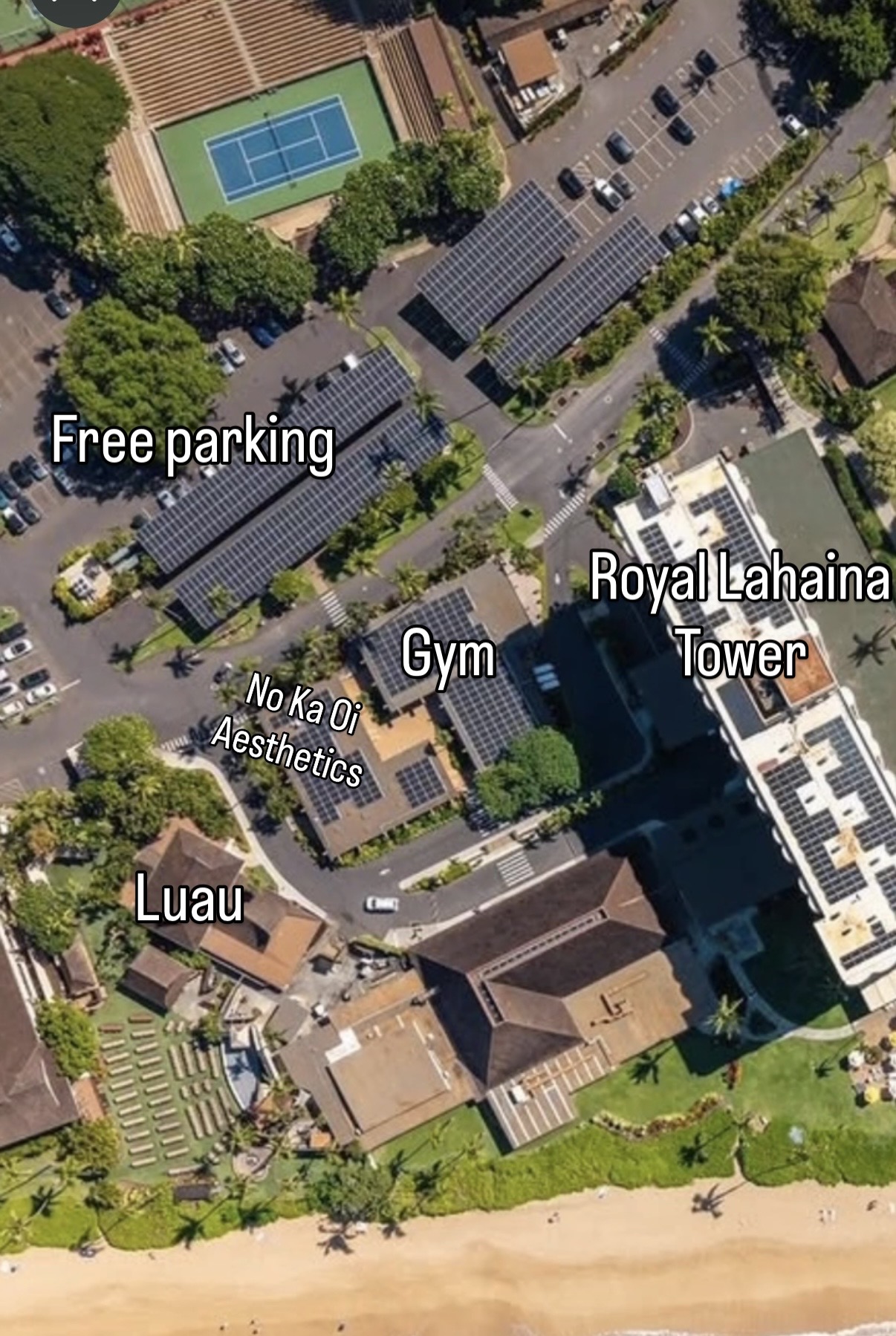 Aerial map of Royal Lahaina Resort showing Nō Ka ʻOi Aesthetics across from the gym in the courtyard