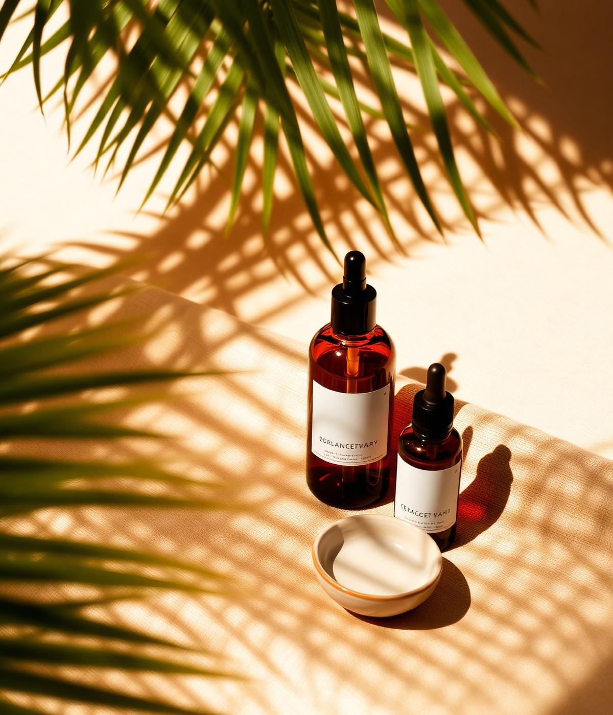 Skincare still life with palm shadow